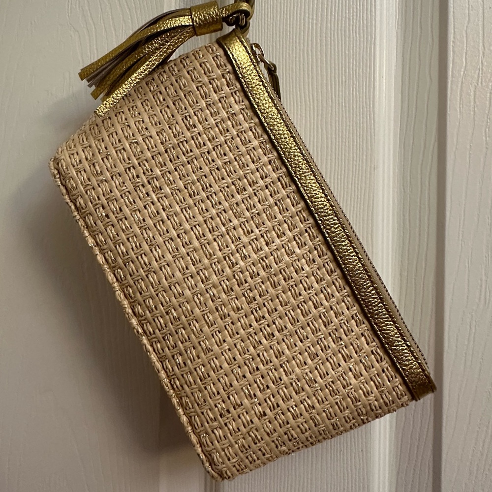Talbots Neutral Woven Wristlet with Gold Tassel Trim
